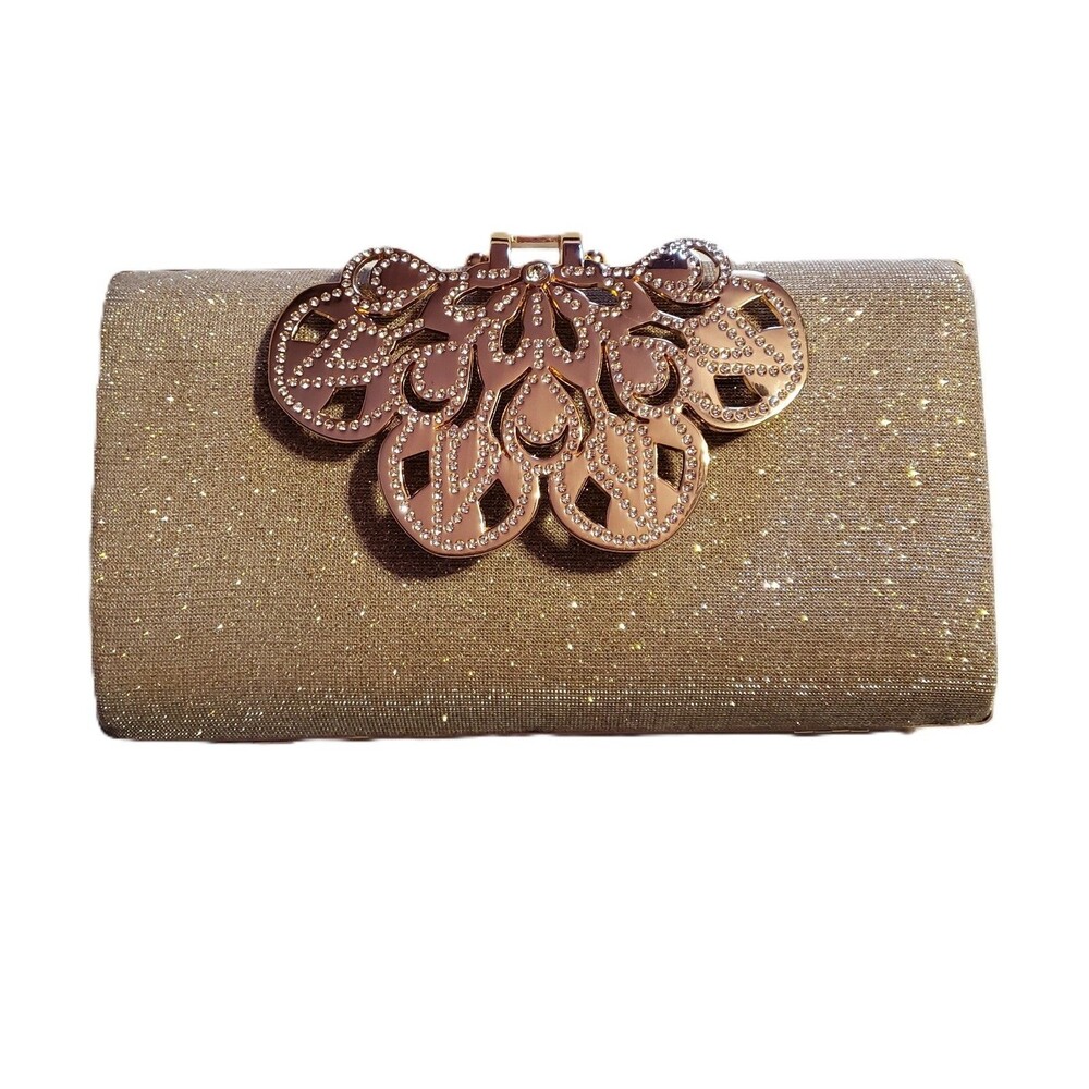 NWT Gold Glitter Rhinestone Wedding Clutch Evening Bag